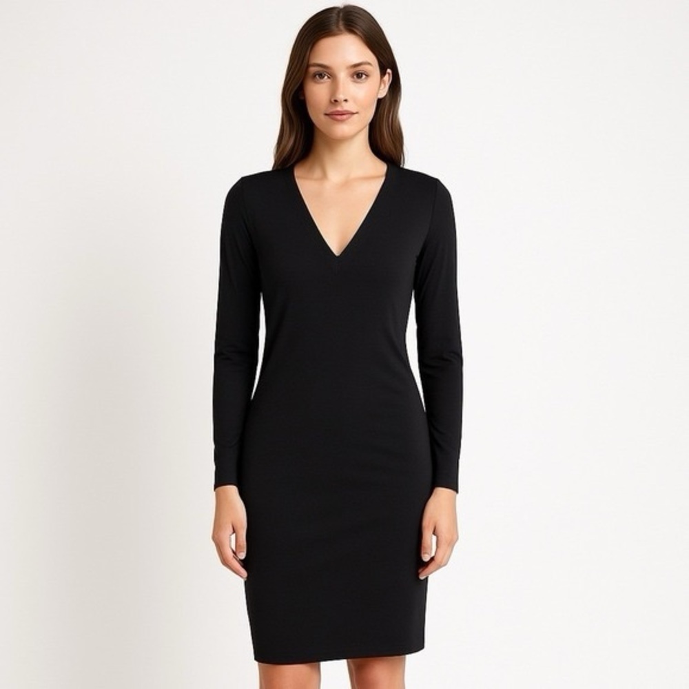 Norma Kamali Black V-Neck Long Sleeve Sheath Midi Dress Stretch Womens Large